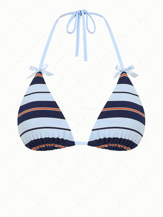 Blue Striped Bowknot Halter Triangle Bikini Top