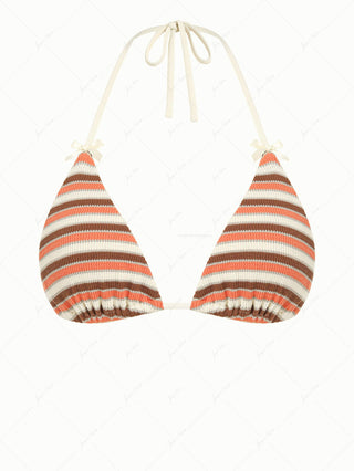Burnt Orange Striped Textured Bowknot Halter Triangle Bikini Top