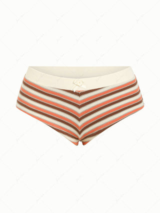 Burnt Orange Striped Textured Bikini Bottom Cheeky Swim Boyshorts