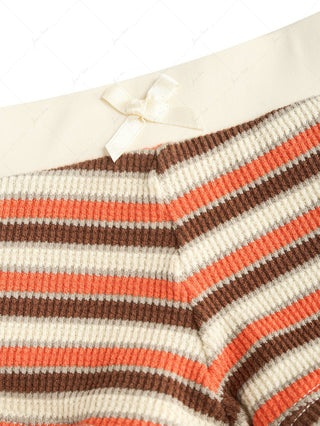 Burnt Orange Striped Textured Bowknot Triangle Cheeky Boyshorts Bikini Set