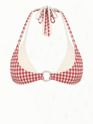 Pomegranate Red Gingham Textured O Ring Double Layer Bikini Top