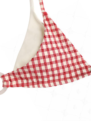 Pomegranate Red Gingham Textured O Ring Double Layer Bikini Top