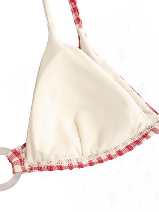 Pomegranate Red Gingham Textured O Ring Double Layer Bikini Top