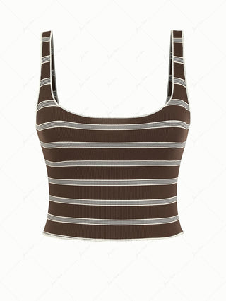 Deep Coffee Ribbed Knit Striped Two-way Crop Tank Top