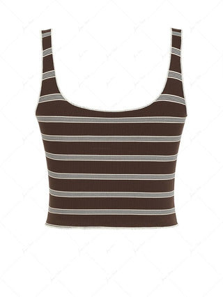 Deep Coffee Ribbed Knit Striped Two-way Crop Tank Top