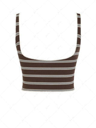 Deep Coffee Ribbed Knit Striped Two-way Crop Tank Top