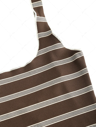 Deep Coffee Ribbed Knit Striped Two-way Crop Tank Top