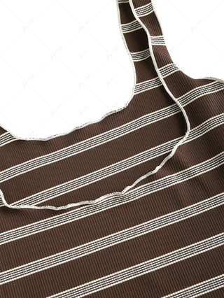 Deep Coffee Ribbed Knit Striped Two-way Crop Tank Top