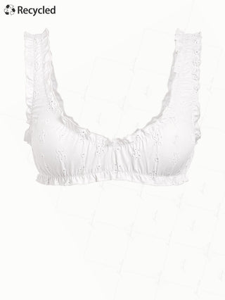 White Recycled Fabric Jacquard Ruffles Edge Bralette Bikini Top