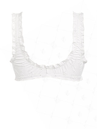 White Recycled Fabric Jacquard Ruffles Edge Bralette Bikini Top