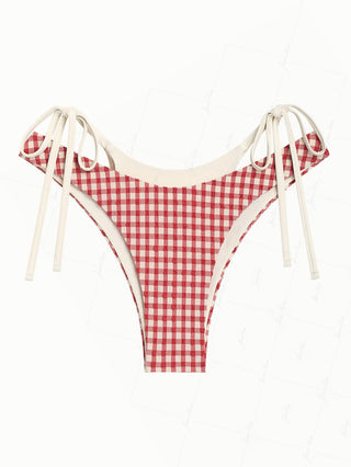 Pomegranate Red Contrast Color Gingham Double Layer Bikini Bottom