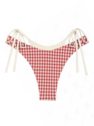 Pomegranate Red Contrast Color Gingham Double Layer Bikini Bottom