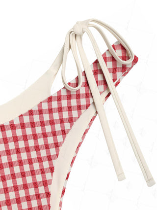 Pomegranate Red Contrast Color Gingham Double Layer Bikini Bottom