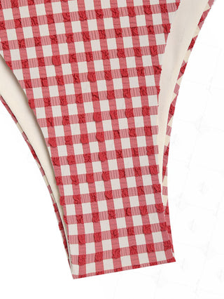 Pomegranate Red Contrast Color Gingham Double Layer Bikini Bottom