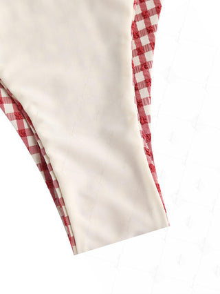 Pomegranate Red Contrast Color Gingham Double Layer Bikini Bottom