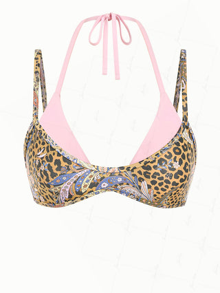 Brown Leopard Paisley Print Contrast Color Double Layer Bikini Top