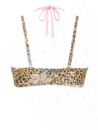 Brown Leopard Paisley Print Contrast Color Double Layer Bikini Top