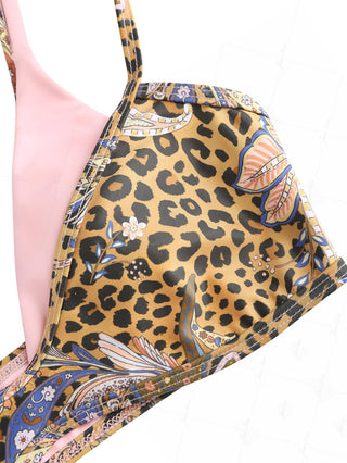 Brown Leopard Paisley Print Contrast Color String Double Layer Bikini Set