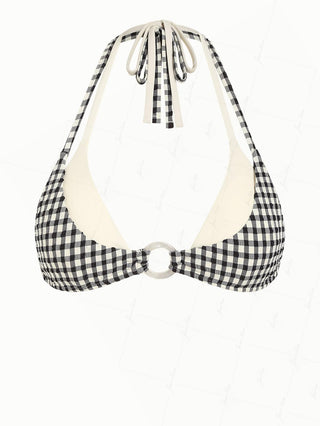 Black Gingham Textured O Ring Double Layer Bikini Top