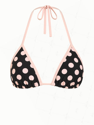 Pink Vintage Polka Dot Contrast Binding Halter Triangle Bikini Top