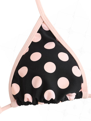 Pink Vintage Polka Dot Contrast Binding Halter Triangle Bikini Top