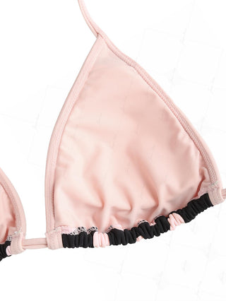 Pink Vintage Polka Dot Contrast Binding Halter Triangle Bikini Top