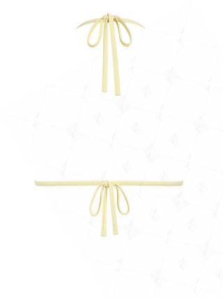 Yellow Ribbed Striped Lace Bowknot Halter Triangle Bikini Top