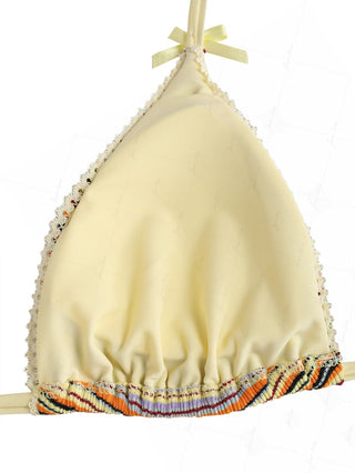 Yellow Ribbed Striped Lace Bowknot Halter Triangle Bikini Top