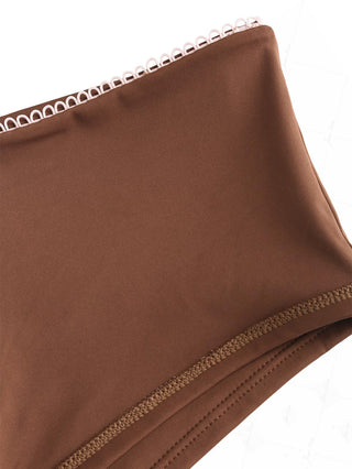Coffee Contrast Picot Bowknot Bikini Bottom Cheeky Swim Boyshorts