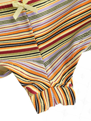 Yellow Ribbed Knit Striped Bowknot Underwire Cheeky Boyshorts Bikini Set