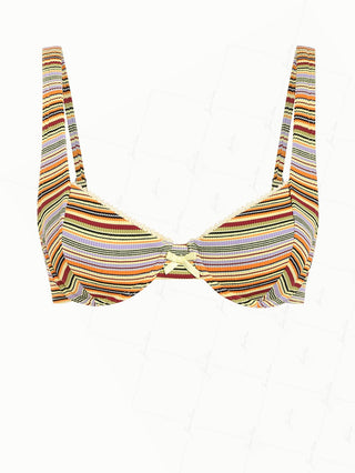 Yellow Ribbed Knit Striped Bowknot Underwire Bikini Top
