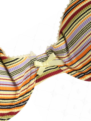 Yellow Ribbed Knit Striped Bowknot Underwire Bikini Top