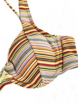 Yellow Ribbed Knit Striped Bowknot Underwire Bikini Top