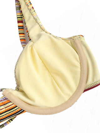 Yellow Ribbed Knit Striped Bowknot Underwire Bikini Top