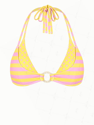 Yellow Striped Polka Dot Print O Ring Double Layer Bikini Top