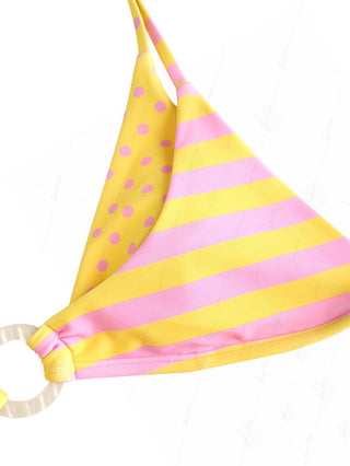 Yellow Striped Polka Dot O Ring Double Layer Top & Cheeky Boyshorts Bikini Set
