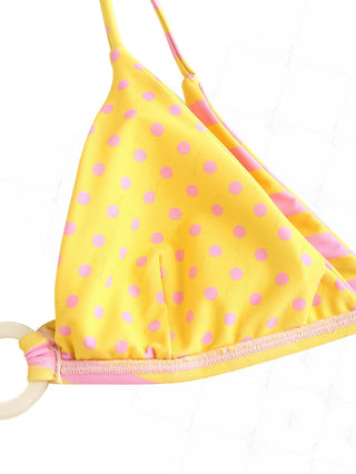 Yellow Striped Polka Dot O Ring Double Layer Top & Cheeky Boyshorts Bikini Set