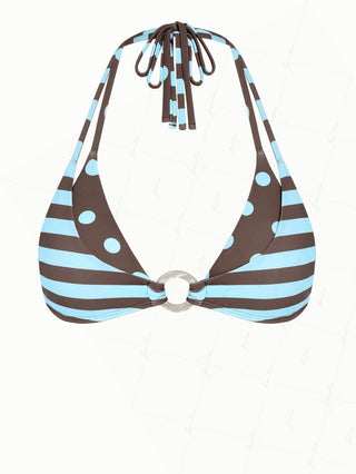 Coffee Striped Polka Dot Print O Ring Double Layer Bikini Top