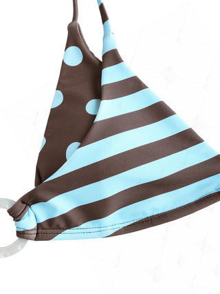 Coffee Striped Polka Dot O Ring Double Layer Top & Reversible Cheeky Brazilian Bottom Bikini Set