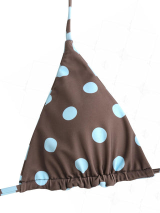 Coffee Striped Polka Dot Print Halter Triangle Reversible Bikini Top