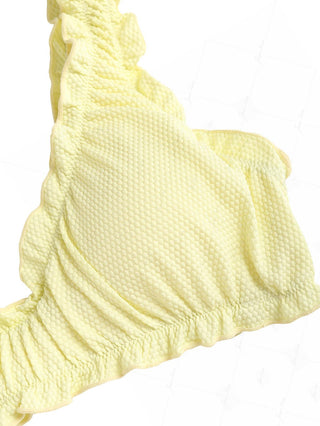 Light Yellow Textured Knit Fabric Ruffles Edge Bralette Bikini Top