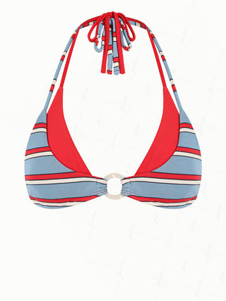 Blue Striped Contrast Color O Ring Double Layer Bikini Top