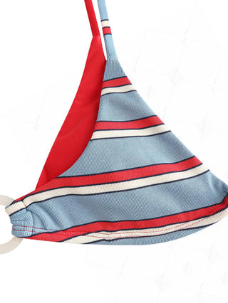 Blue Striped Contrast Color O Ring Double Layer Bikini Top