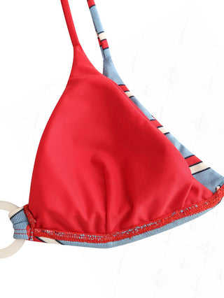 Blue Striped Contrast Color O Ring Double Layer Bikini Top