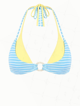 Sky Blue Striped Contrast Color O Ring Double Layer Bikini Top