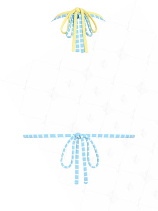 Sky Blue Striped Contrast Color O Ring Double Layer Bikini Top