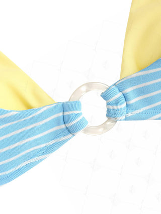 Sky Blue Striped Contrast Color O Ring Double Layer Bikini Top