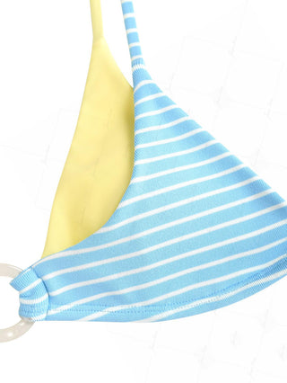 Sky Blue Striped Contrast Color O Ring Double Layer Bikini Top