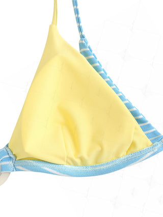 Sky Blue Striped Contrast Color O Ring Double Layer Bikini Top