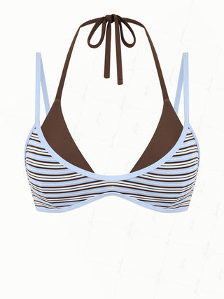 Powder Blue Contrast Binding Ribbed Knit Striped Double Layer Bikini Top